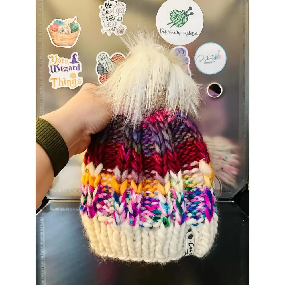 Handmade Neon Merino Wool Beanie: Colorful Winter Hat with Faux Fur Pom